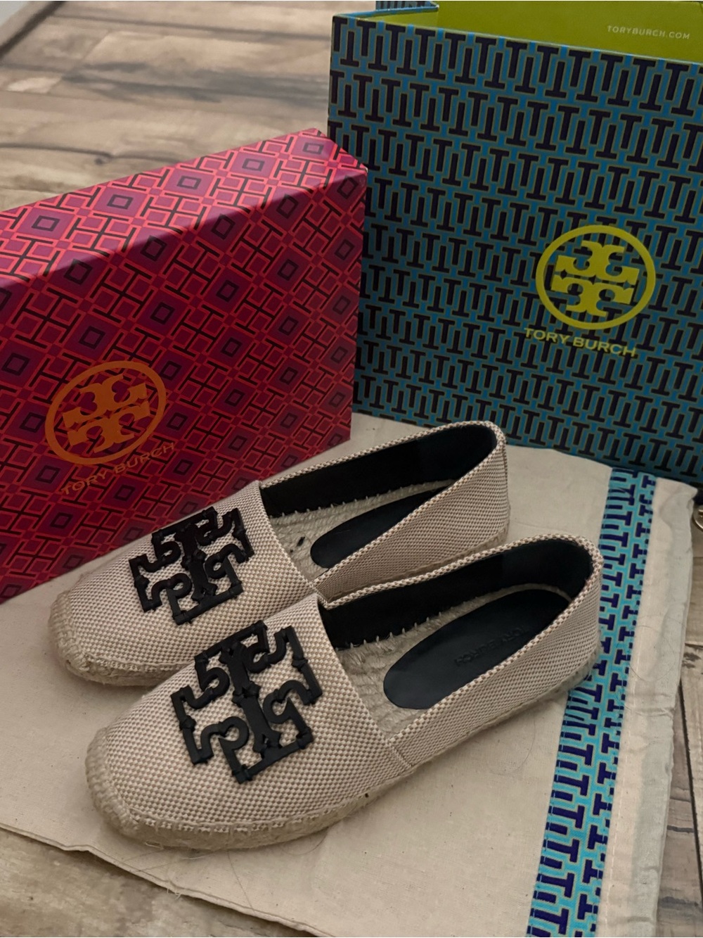 Tory Burch Natural Canvas Espadrilles with Black Logo